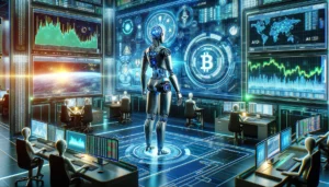 A dynamic illustration representing AI in crypto trading. The scene should depict a futuristic trading floor, with AI robots
