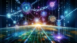 A futuristic illustration of cross-chain technologies. A digital landscape with interconnected networks