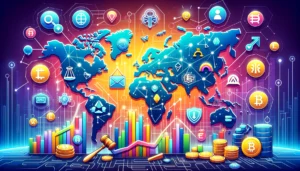 Depicting country-specific crypto investment guides. The image feature a world map background